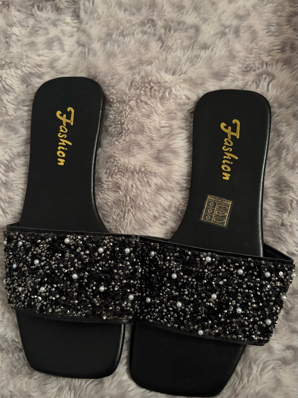 Black Beaded Slide Sandals